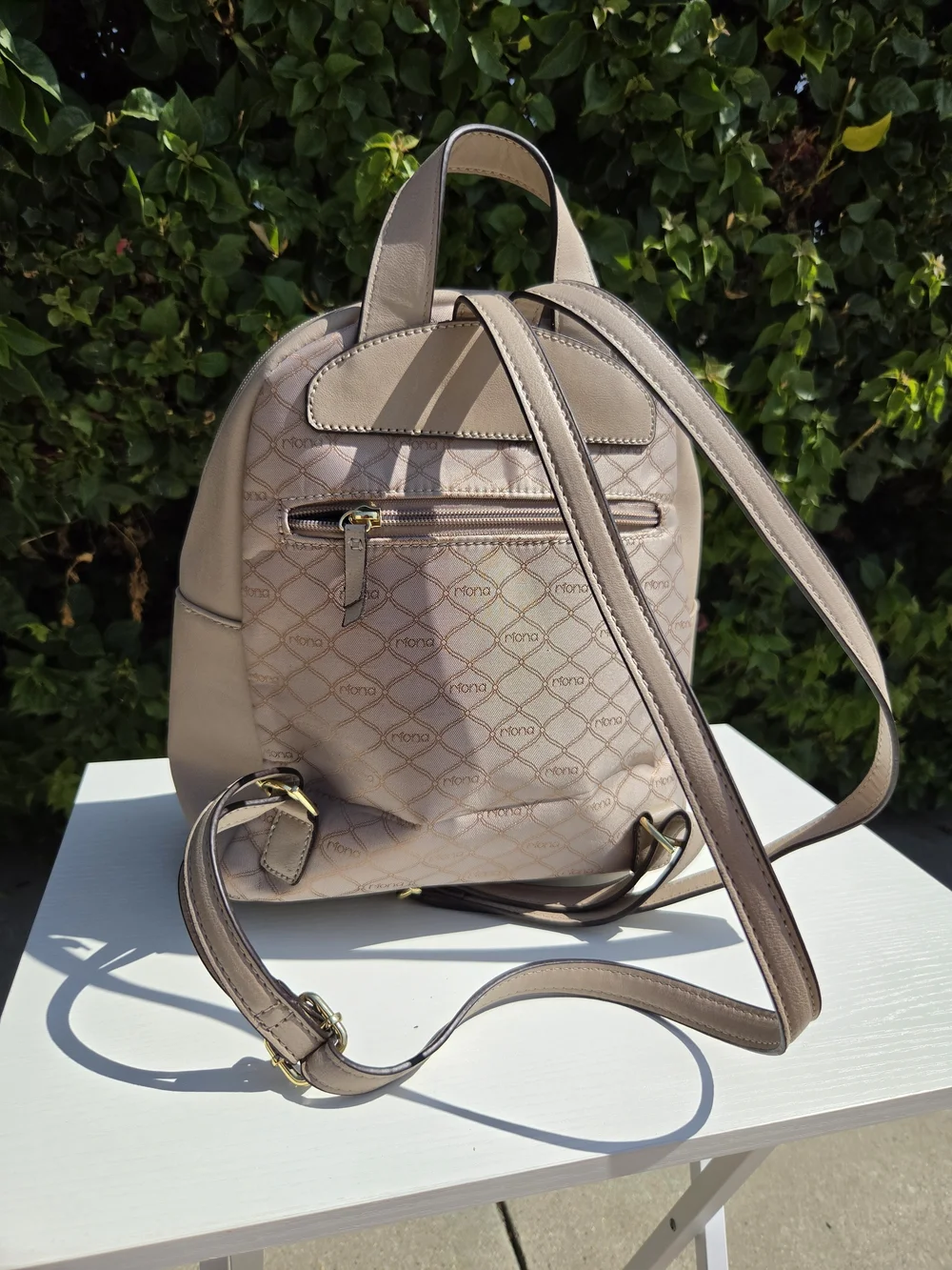 Riona Taupe Monogram Dome Backpack Vegan Leather Gold Hardware Bag (SAMPLE SALE)